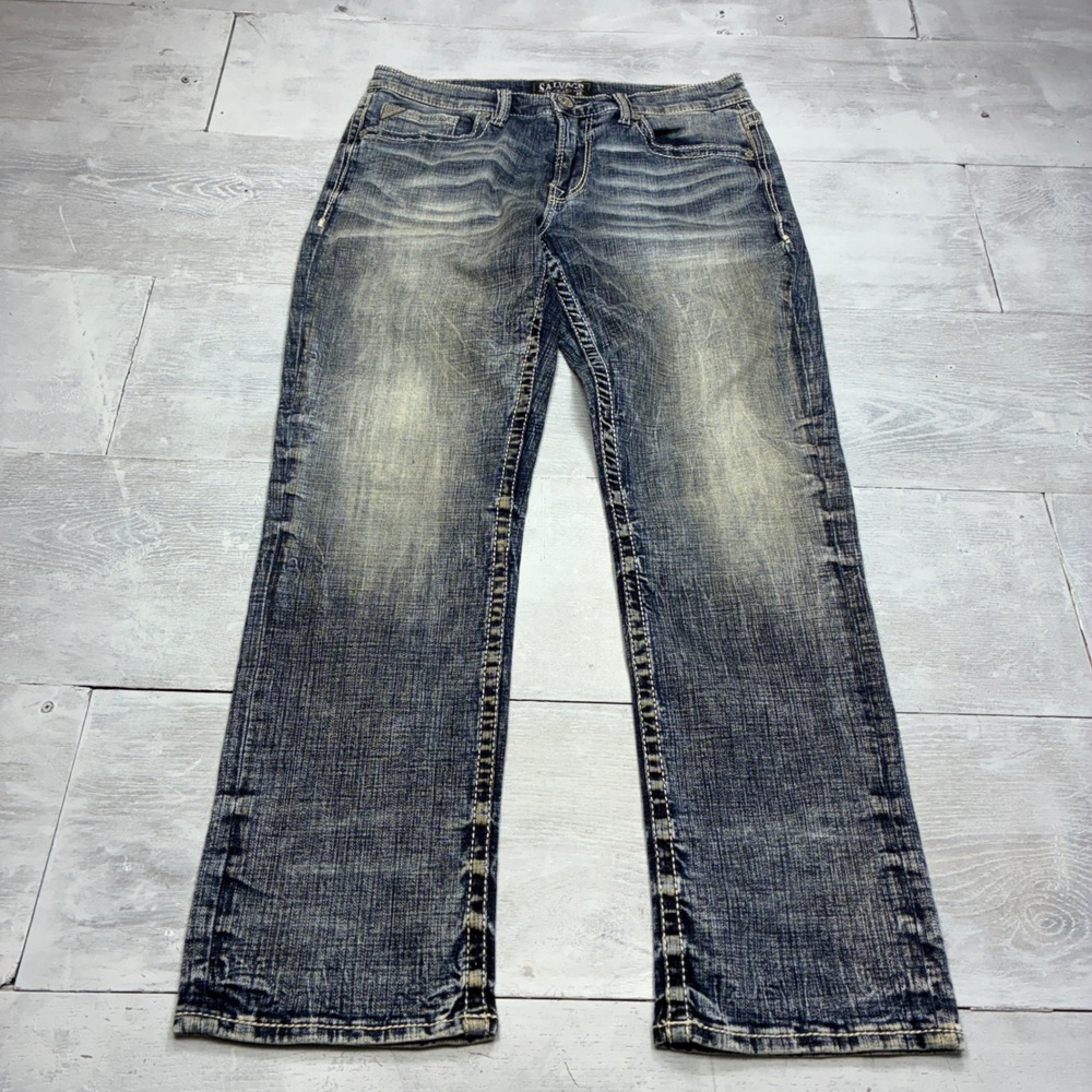Salvage Mayhem Straight Jeans Mens 46 Blue Buckle Heavy Wash Distressed Denim
